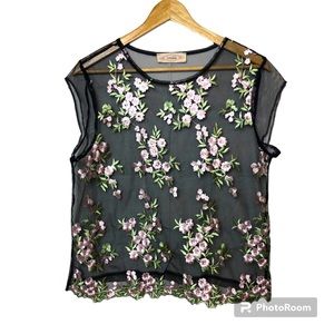 Twinkle Black Mesh Blouse Womens Large Short Sleeve Floral Embroidered Sheer Top
